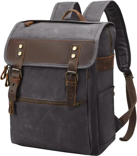 Vista 8 de Mochila vintage de lona encerada para hombres y mujeres, verde militar Mochila de viaje para computadora portátil, de piel auténtica