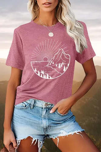 Vista 2 de Camiseta de senderismo para mujer, camiseta de montaña con estampado gráfico de naturaleza y amanecer, camiseta de verano de manga corta