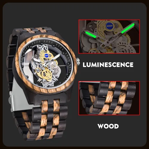 Vista 4 de Dentily Reloj de madera para hombre, reloj de madera ligero para hombre, relojes analógicos de madera de cuarzo para hombres