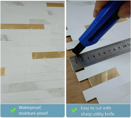 Vista 2 de XUANINY Protector contra salpicaduras para cocina y baño, azulejos autoadhesivos de PVC de grano de piedra, adhesivo de pared 3D de metro (10 hojas)
