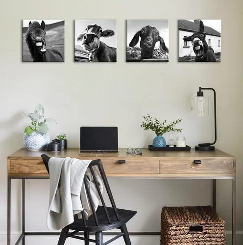 Vista 4 de Arte de pared en blanco y negro para pared, diseño de animales, caballos, burros, ovejas, vacas, cuadros divertidos para decoración de dormitorio