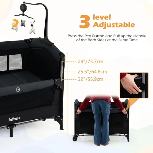 Vista 4 de INFANS Cuna 4 en 1 para bebé, convierte paquete y juego en cuna portátil con cambiador de pañales, colchón, bolsa de transporte, caja de música