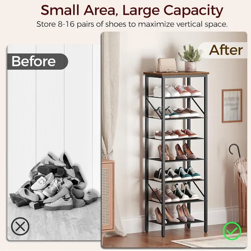Vista 4 de MAHANCRIS Organizador de zapatos estrecho de 8 niveles, almacenamiento de zapatos alto y delgado para espacios pequeños, capacidad para 8-16 pares