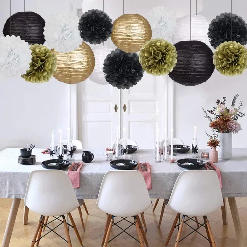 Vista 7 de Linternas de papel pompones de papel negro y dorado para decoración Negro/dorado