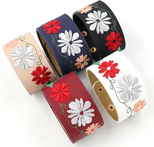Vista 6 de Long tiantian Pulsera de cuero con patrón de flores para hombres y mujeres, pulsera hippie de los años 80, joyería hippie