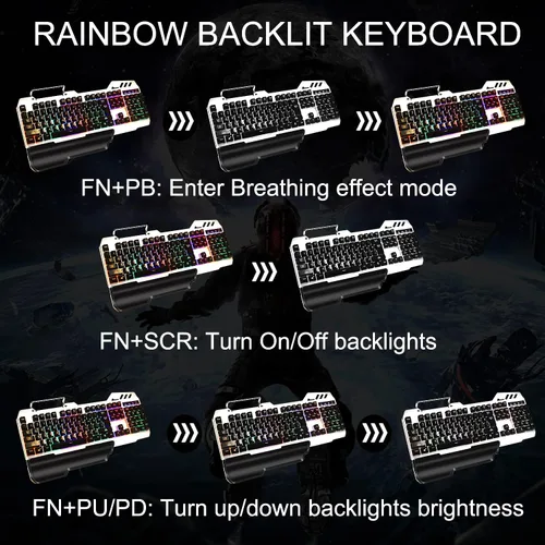 Vista 4 de FEDARFOX Combo de teclado y mouse, compacto juego de teclado y mouse arco iris de tamaño completo para juegos, teclado mecánico retroiluminado