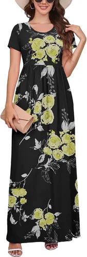 Vista 36 de DEARCASE - Vestido Maxi para Mujer de Manga Corta, Casual de Verano, Holgado, Liso, Cómodo, Vestidos Largos con Bolsillos 1-negro