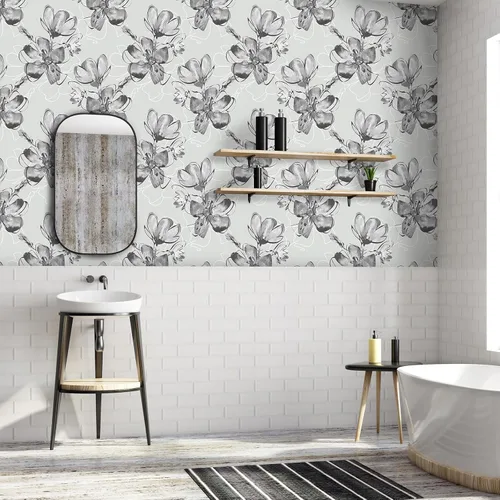 Vista 2 de VaryStyle Papel tapiz floral de tinta de 17.7 x 118 pulgadas, papel tapiz floral gris y blanco, papel de contacto vintage neutro para pared, papel