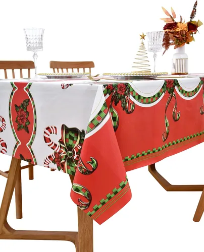 Vista 7 de Rally Home Goods Mantel rectangular de vinilo de alta calidad, color rojo festivo para Acción de Gracias y Navidad, cubierta protectora de plástico