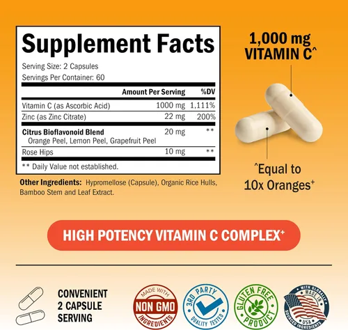 Vista 3 de Vitamina C - cápsulas de 1000 mg con zinc, escaramujo y bioflavonoides - Suplemento de apoyo inmune con 10 veces el poder de la vitamina C - Acorta