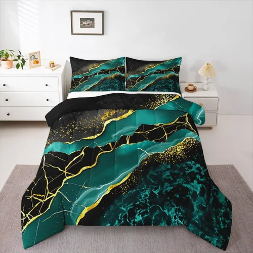 Vista 33 de Juego de edredón de mármol negro individual, ropa de cama dorada agrietada para adultos, hombres y mujeres, juegos de edredón de textura metálica