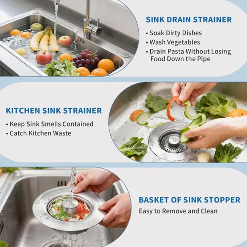 Vista 5 de La solución definitiva para fregadero de cocina: colador y tapón de drenaje 3 en 1. Acero inoxidable 304, antiobstrucción, antiolor para desagües