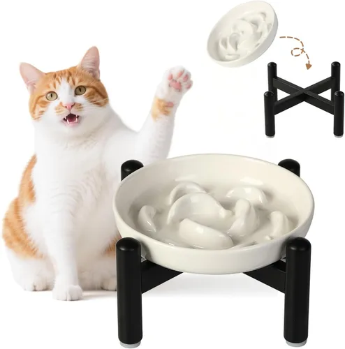 Vista 9 de Cuenco de cerámica del gato del alimentador lento, 6,3" alimentador Cuenco rosa pastel