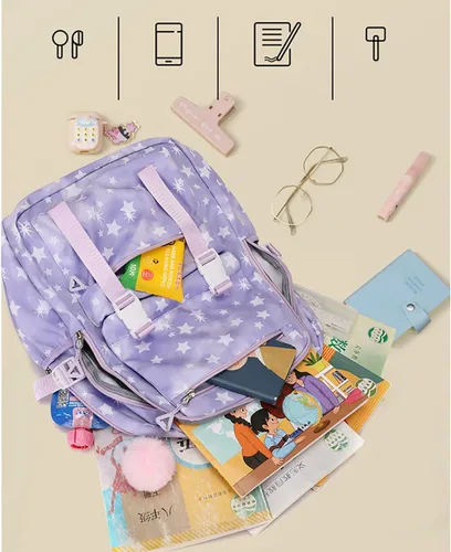 Vista 3 de ZJYJING Mochila de anime para niñas y niños con patrón de estrellas con colgante para viajes y escuela, Azul, Grande, Mochila media primaria