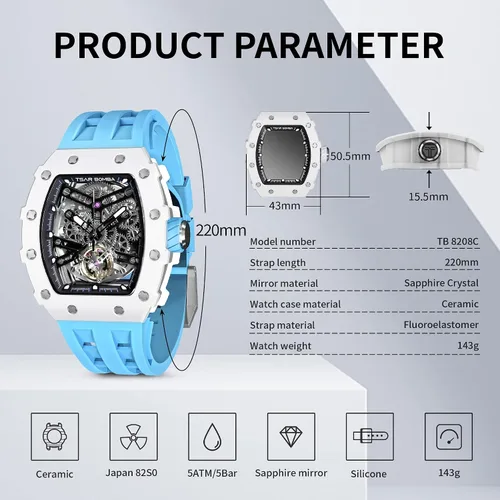 Vista 5 de Watch for Men, Automatic Skeleton Mechanical Mens Watch, 50M Waterproof Luxury Tonneau Square Big Face Dial Watch with SiliconeFluoroelastomer Watch