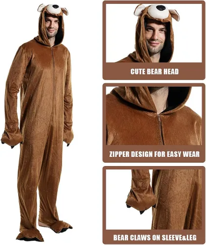 Vista 4 de ReneeCho disfraz de oso marrón para Halloween traje de pijama para adultos