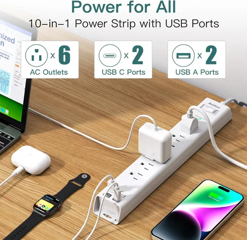 Vista 2 de Addtam Regleta protectora contra sobretensiones – Cable de extensión corto de 2 pies con 6 tomas de corriente y 4 puertos USB (2 USB C), montaje
