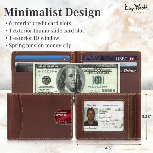 Vista 2 de Tony Perotti Cartera delgada de cuero italiano con clip para dinero para hombre, cartera RFID ultrafina con ranuras para tarjetas de crédito