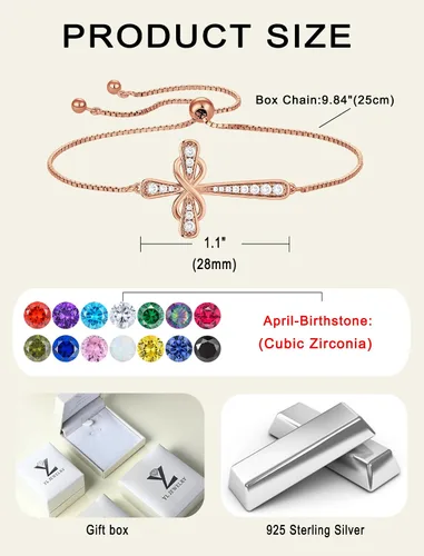 Vista 6 de YL Pulsera de cruz de plata de ley 925 con eslabones laterales infinitos, joyería de piedra natal para mujer