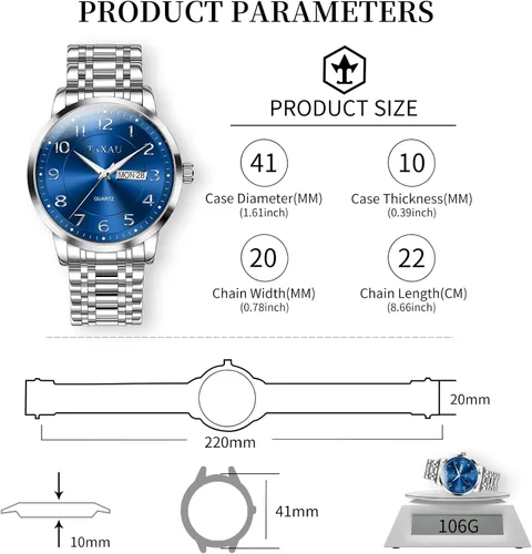 Vista 5 de Relojes de vestir para hombre, reloj analógico impermeable con fecha de día, reloj de pulsera de acero inoxidable de lujo con números arábigos