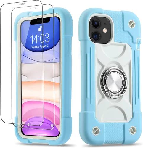 Vista 50 de Funda para iPhone 11 de 6.1 pulgadas con soporte de anillo, con 2 protectores de pantalla de vidrio, resistente a los golpes, resistente a