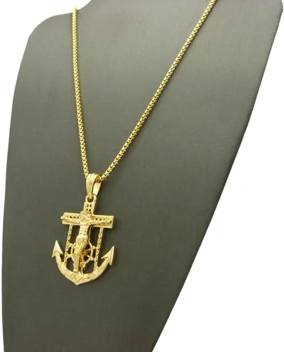Vista 6 de Shiny Jewelers USA - Colgante de cadena cubana de cuerda para hombre Jesús con ancla de cruz y cadera, 24.0in