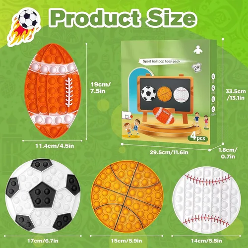 Vista 2 de 4 piezas de juguetes para ansiedad, juguetes deportivos para presionar burbujas, juguete sensorial para fútbol, baloncesto, béisbol, rugby, juguetes