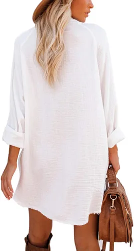 Vista 5 de iGENJUN Women's Long Sleeve Beach Cover-ups Button Down Oversized Tunic Dress Shirt Boho Dresses with Pockets