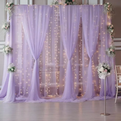 Vista 25 de Cortina de telón de fondo de tul negro de 10 x 10 pies con cadena de luces para fiestas, cortinas de fondo de fotos transparentes para bodas