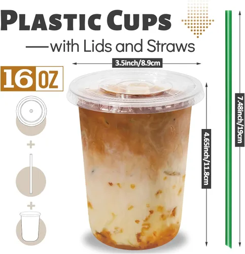 Vista 2 de GGOLDMER Juego de 25 vasos de plástico transparente con tapas y pajitas, tazas de plástico desechables para café helado de 16 onzas con tapas