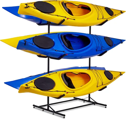 Vista 7 de RaxGo - Estante de almacenamiento independiente para kayak, almacenamiento resistente para dos kayaks, SUP, canoa y tabla de remo para interiores