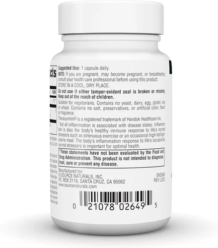 Vista 4 de Source Naturals Theracurmin, Apoya la Respuesta Inflamatoria Saludable*, 600 mg - 30 Cápsulas Vegetarianas