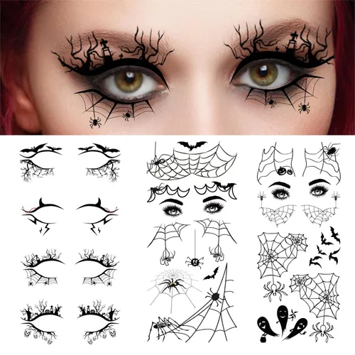 Vista 2 de 4 pares de calcomanías de sombra de ojos de Halloween, calcomanías delineadoras de ojos, telaraña, calavera, murciélago, calcomanías de tatuaje