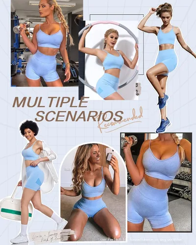 Vista 5 de HORISUN Women Workout Sets 2 Piece Yoga Outfits Seamless Ribbed Sports Bra Crop Tank Top High Waist Biker Shorts Exercise Set