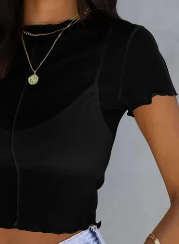 Vista 4 de Allytok Camisetas cortas de malla para mujer, de verano, manga corta, cuello redondo, transparente, Y2K