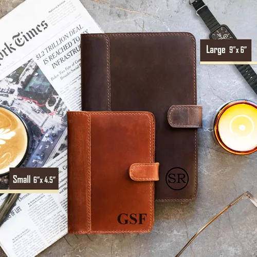 Vista 2 de Diario de cuero 100% genuino grabado con nombre o iniciales – Fabricado en Estados Unidos – Regalo personalizado para negocios, universidad, viajes