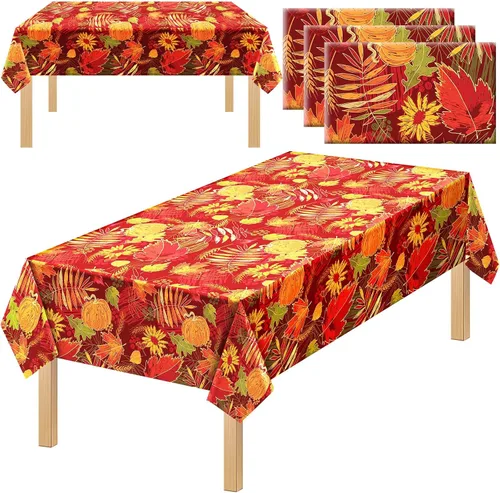 Vista 9 de Tegeme 1 mantel de plástico desechable con hojas de otoño de Acción de Gracias, diseño de hojas de arce, calabaza y arce, mantel de plástico
