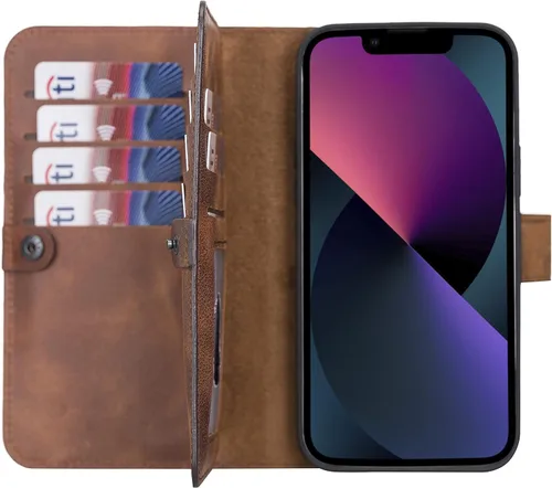 Vista 70 de HARDISTON Funda de piel auténtica de alta calidad hecha a mano para iPhone 7/8 / SE doble folio tarjetero - Funda magnética desmontable - Soporte