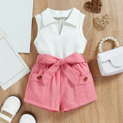 Vista 3 de Chaleco acanalado sin mangas de verano para niñas pequeñas, atuendo de camiseta y pantalones cortos para baby shower (rosa, 18-24 meses)