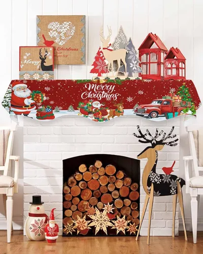 Vista 3 de Bufanda roja de Navidad, decoración de chimenea para sala de estar, copo de nieve de Papá Noel, árbol de Navidad, chimenea, mantel de invierno