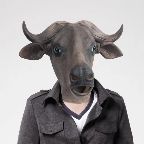 Vista 3 de PartyHop Máscara de búfalo con cabeza de animal de látex de cabeza completa, máscaras realistas para Halloween, carnaval, fiesta de disfraces