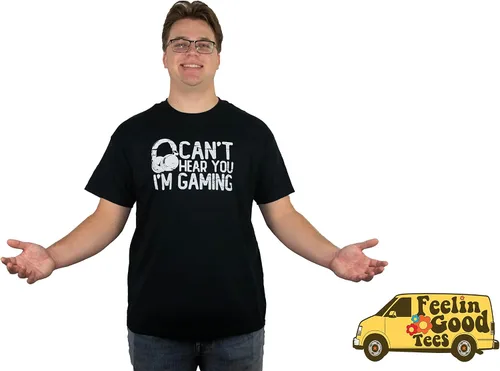 Vista 3 de Feelin Good Tees - Camiseta divertida para jugadores con frase gráfica de video juegos Can't Hear You I'm Gaming y audífonos estampados