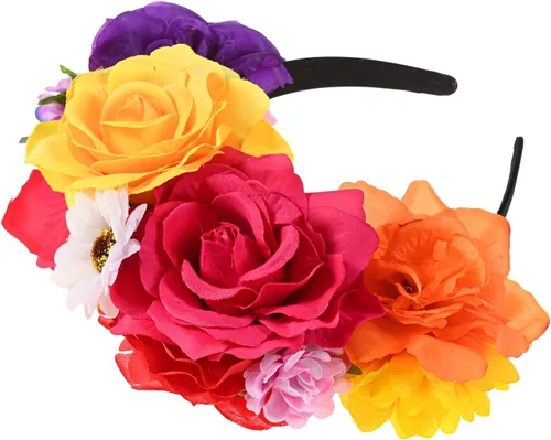 Vista 28 de DreamLily Frida Kahlo NC26 - Diadema con corona de rosas mexicanas para disfraz de fiesta de Halloween