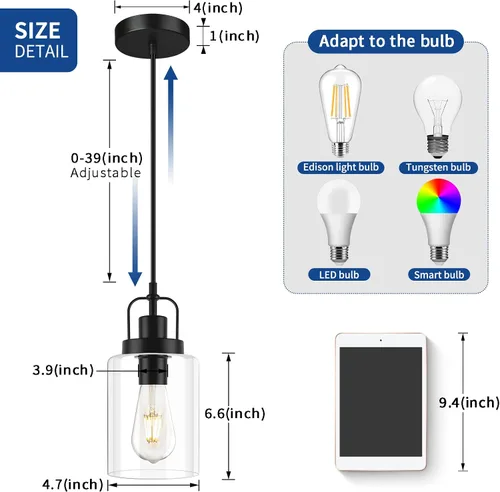 Vista 2 de Lámpara colgante de granja, luces colgantes rústicas negras para isla de cocina, iluminación de techo colgante industrial sobre mesa con pantalla
