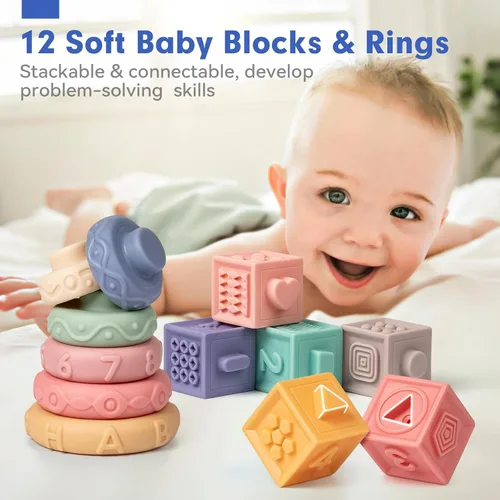 Vista 6 de Conjunto de Juguetes Sensoriales y de Dentición para Bebés, Juguetes Montessori para Bebés de 6-12 Meses, Incluye Sonajero, Mordedor para Recién