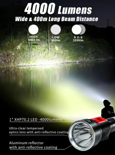 Vista 2 de PFSN - Linterna de buceo, 4000 lúmenes, luz de buceo profesional, 328.1 ft, impermeable, linterna subacuática para buceo, linterna LED recargable