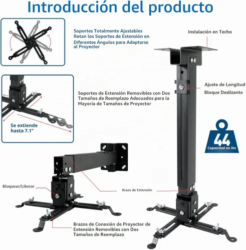 Vista 5 de Proyector universal para montaje en techo o pared, color negro con brazos extensibles, altura ajustable de 16.9 a 25.6 pulgadas, soporte con bracket