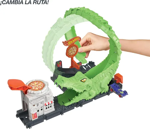 Vista 5 de Conjunto de pista de juguete Hot Wheels Gator Loop Attack en Pizza Place con coche a escala 1:64, se conecta a otros conjuntos