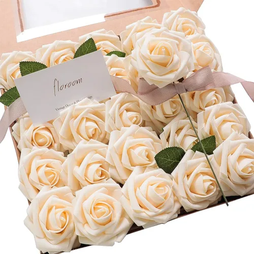 Vista 32 de Floroom Flores artificiales, 25 piezas de rosas falsas de espuma dorada antigua de aspecto real con tallos para ramos de boda DIY, centros de mesa