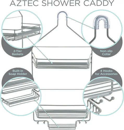 Vista 3 de Bath Bliss Regency - Organizador de ducha colgante Almacenamiento y organización de baño Colgante de cabezal de ducha 2 cestas y ganchos